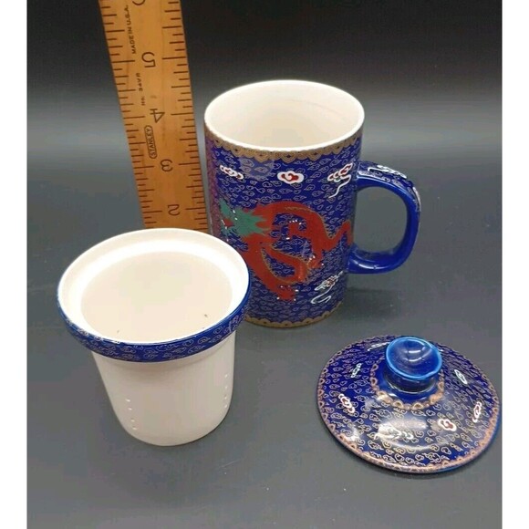 Vtg Cobalt Blue Dragon Tea Mug With Diffuser and lid Gold Accents - Picture 6 of 7